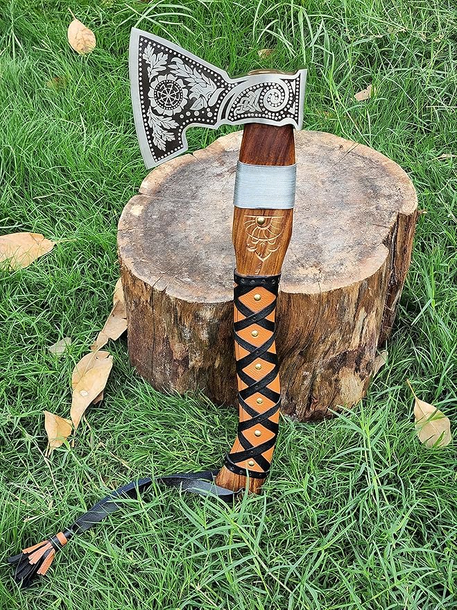 Handmade Forged Stainless Steel Viking Axe, Hatchet with Leather Sheath, Throwing Axe, Camping Axe, Solid Wood Handle Multiple Designs (Axe CK-8)