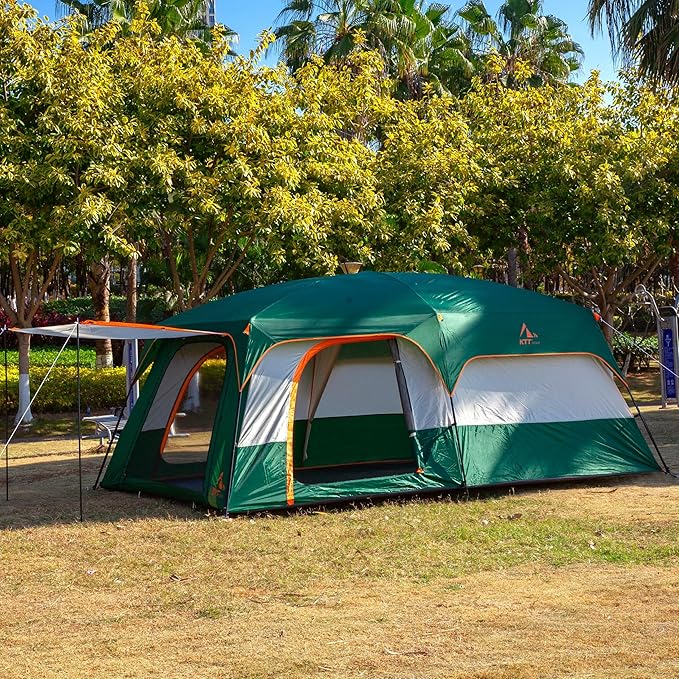KTT Extra Large Tent 10-12-14 Person(A),Family Cabin Tents,2 Rooms,3 Doors and 3 Windows with Mesh,Straight Wall,Waterproof,Double Layer,Big Tent for Outdoor,Picnic,Camping,Family Gathering