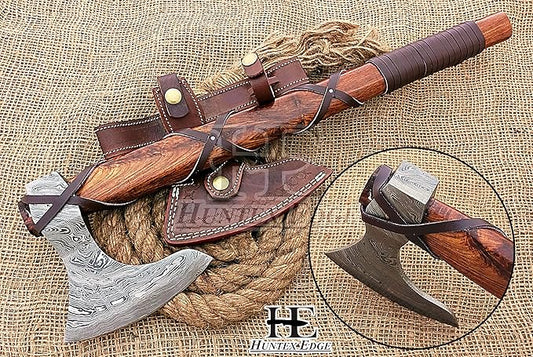 HUNTEX Unique Custom Hand-Forged Twist Pattern Damascus Steel 21 Inch Long Walnut Wood Leather Wrapped Handle Full Tang Razor Sharp Hunting Camping Hiking Godzilla Axe with Genuine Leather Sheath