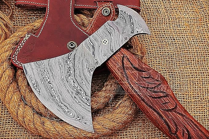 HUNTEX Custom Handmade Hand-Forged Twist Pattern Damascus Steel 19.5 Inch Long Hand-Engraved Walnut Wood Handle Razor Sharp Camping Wood Splitter Twin Blade Axe w/Genuine Leather Sheath