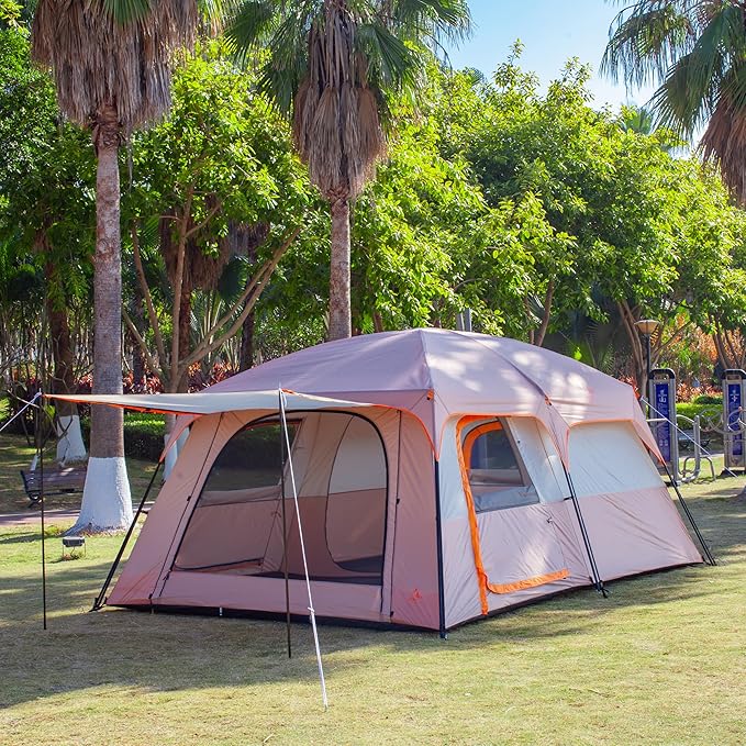 KTT Extra Large Tent 10-12-14 Person(Style-B),Family Cabin Tents,2 Rooms,3 Doors and 3 Windows with Mesh,Straight Wall,Waterproof,Double Layer,Big Tent for Outdoor,Picnic,Camping,Family Gathering
