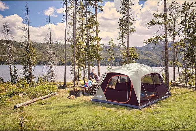 Coleman Skylodge Camping Tent, 8/10/12 Person Weatherproof Family Tent with Convertible Screen Room, Color-Coded Poles, Room Divider, Rainfly, and Storage Pockets, Fits Multiple Queen-Sized Airbeds