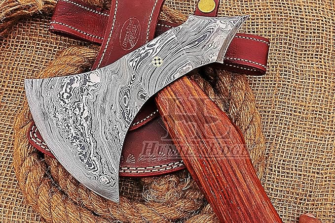 HUNTEX Custom Handmade Hand-Forged Twist Pattern Damascus Steel 18.5 Inch Long Walnut Wood Handle Razor Sharp Hunting Camping Wood Splitter Battle Bladed Axe with Genuine Leather Sheath