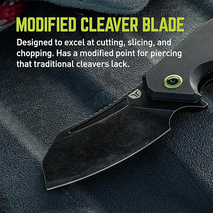 TRUE MAAR Cleaver Flipper Knife: D2 STEEL, BLACK OXIDE, STONEWASH FINISH w/2-WAY CARRY POCKET CLIP