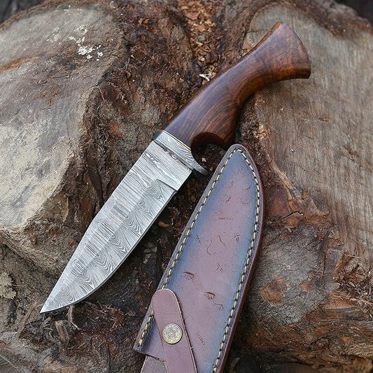 Handmade Damascus Steel Hunting Knife With Sheath Ideal for Outdoor, Skinning, Comping - Fixed Blade Knife with Rosewood Handle.