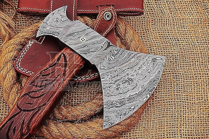 HUNTEX Custom Handmade Hand-Forged Twist Pattern Damascus Steel 19.5 Inch Long Hand-Engraved Walnut Wood Handle Razor Sharp Camping Wood Splitter Twin Blade Axe w/Genuine Leather Sheath