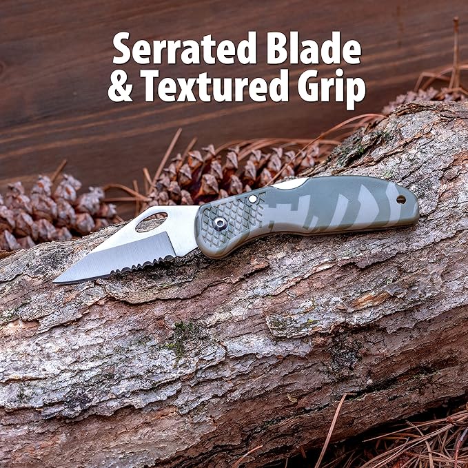 Maxam Lockback 7 (Open) Inch Pocket Knife - Stainless Steel Helf Serrated Blade, Textured No-Slip Handle, Carry Clip, Camo