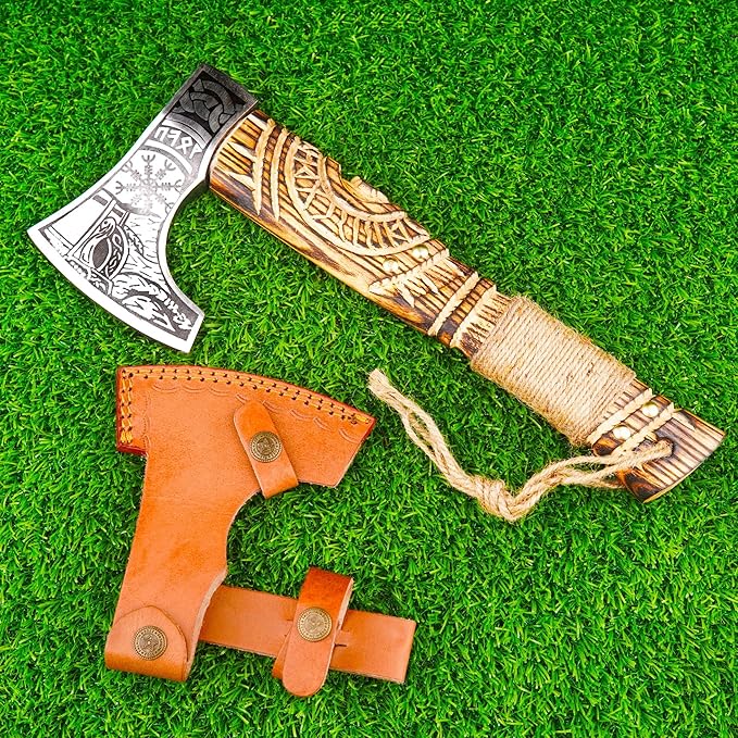 H&A CRAFTS® Viking Axe The Ragnar Lothbrok Real, and Custom Crafted with Leather Sheath Carbon Steel Camping Hatchet Personalized Gifts for Men (Wrath of Valhalla Viking Axe)