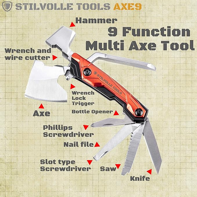 Axe 9 ax with 9-Featured Multi-Tool Hammer, Wrench, Wire Cutter, ax, Bottle Opener, Phillips Screwdriver, Flat-Blade Screwdriver, Nail File, Saw, Knife