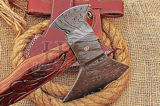 HUNTEX Custom Handmade Hand-Forged Twist Pattern Damascus Steel 19.5 Inch Long Hand-Engraved Walnut Wood Handle Razor Sharp Camping Wood Splitter Twin Blade Axe w/Genuine Leather Sheath