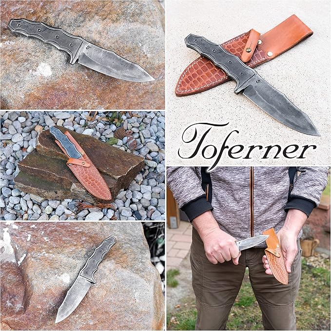 Toferner Hand Forged Knife Crocodile with Sheath, Vintage Knife for Antique Collection, Genuine Leather Case, Hardened Blade, Hand Made Craft, Gift Idea for Men