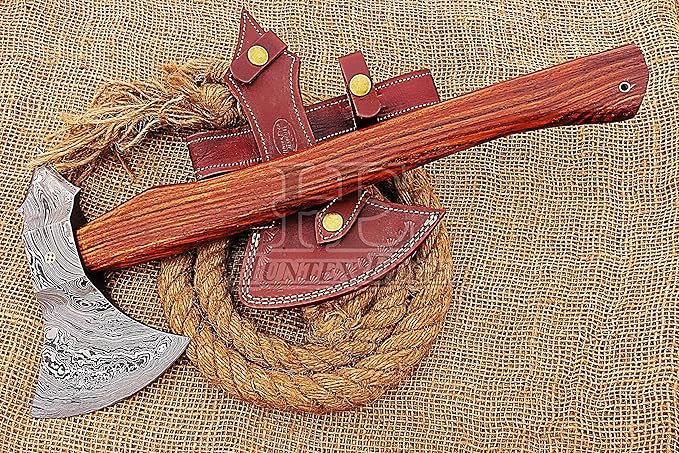 HUNTEX Custom Handmade Hand-Forged Twist Pattern Damascus Steel 18.5 Inch Long Walnut Wood Handle Razor Sharp Hunting Camping Wood Splitter Battle Bladed Axe with Genuine Leather Sheath