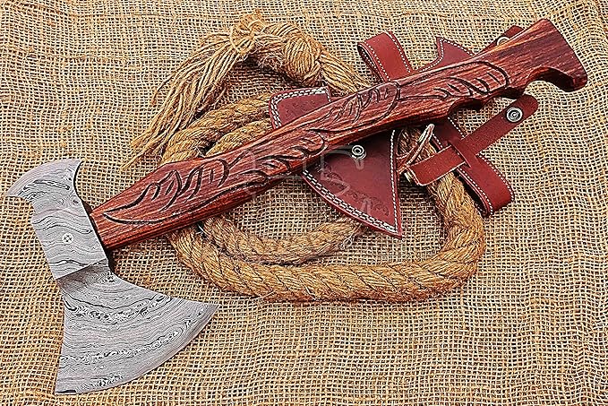 HUNTEX Custom Handmade Hand-Forged Twist Pattern Damascus Steel 19.5 Inch Long Hand-Engraved Walnut Wood Handle Razor Sharp Camping Wood Splitter Twin Blade Axe w/Genuine Leather Sheath