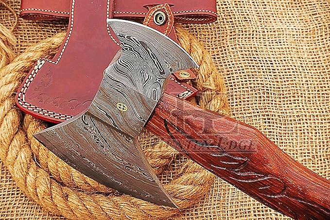 HUNTEX Custom Handmade Hand-Forged Twist Pattern Damascus Steel 19.5 Inch Long Hand-Engraved Walnut Wood Handle Razor Sharp Camping Wood Splitter Twin Blade Axe w/Genuine Leather Sheath
