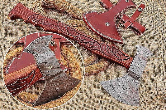 HUNTEX Custom Handmade Hand-Forged Twist Pattern Damascus Steel 19.5 Inch Long Hand-Engraved Walnut Wood Handle Razor Sharp Camping Wood Splitter Twin Blade Axe w/Genuine Leather Sheath
