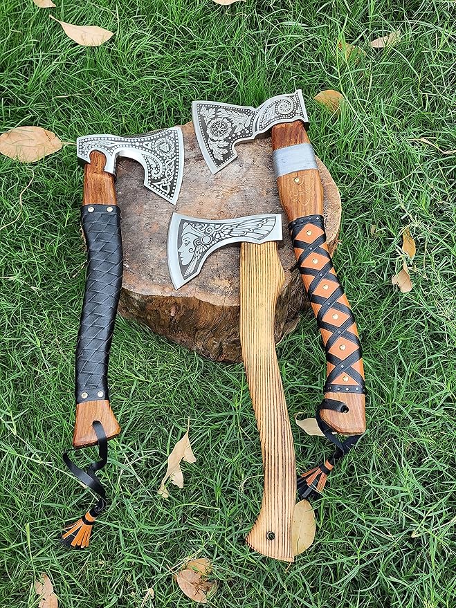 Handmade Forged Stainless Steel Viking Axe, Hatchet with Leather Sheath, Throwing Axe, Camping Axe, Solid Wood Handle Multiple Designs (Axe CK-7)
