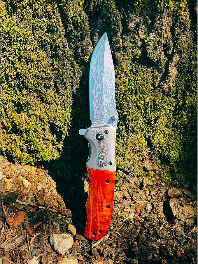 Amz Pocket Knife | 8.7 cm Stainless Steel Blade | Wood Handle | Damascus Design | Outdoor, Tactical Folding Knife