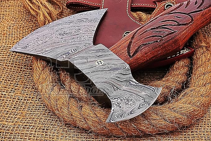 HUNTEX Custom Handmade Hand-Forged Twist Pattern Damascus Steel 19.5 Inch Long Hand-Engraved Walnut Wood Handle Razor Sharp Camping Wood Splitter Twin Blade Axe w/Genuine Leather Sheath