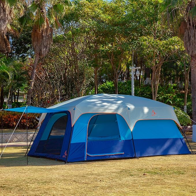 KTT Extra Large Tent 10-12-14 Person(A),Family Cabin Tents,2 Rooms,3 Doors and 3 Windows with Mesh,Straight Wall,Waterproof,Double Layer,Big Tent for Outdoor,Picnic,Camping,Family Gathering