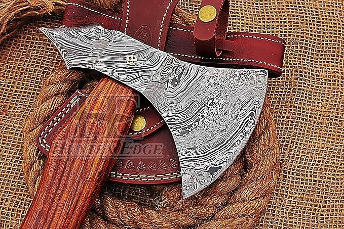 HUNTEX Custom Handmade Hand-Forged Twist Pattern Damascus Steel 18.5 Inch Long Walnut Wood Handle Razor Sharp Hunting Camping Wood Splitter Battle Bladed Axe with Genuine Leather Sheath