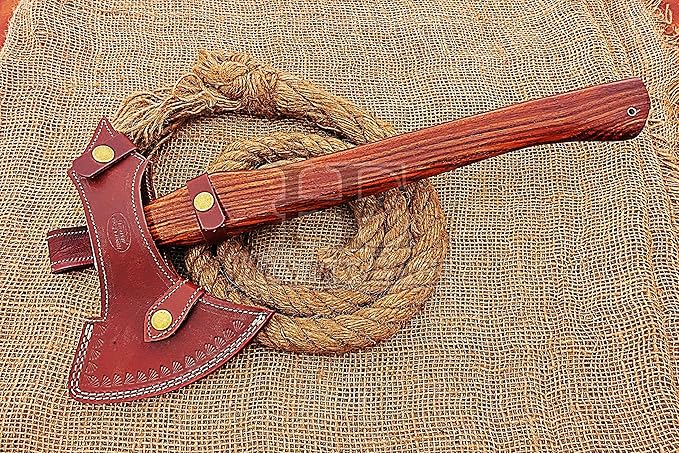 HUNTEX Custom Handmade Hand-Forged Twist Pattern Damascus Steel 18.5 Inch Long Walnut Wood Handle Razor Sharp Hunting Camping Wood Splitter Battle Bladed Axe with Genuine Leather Sheath
