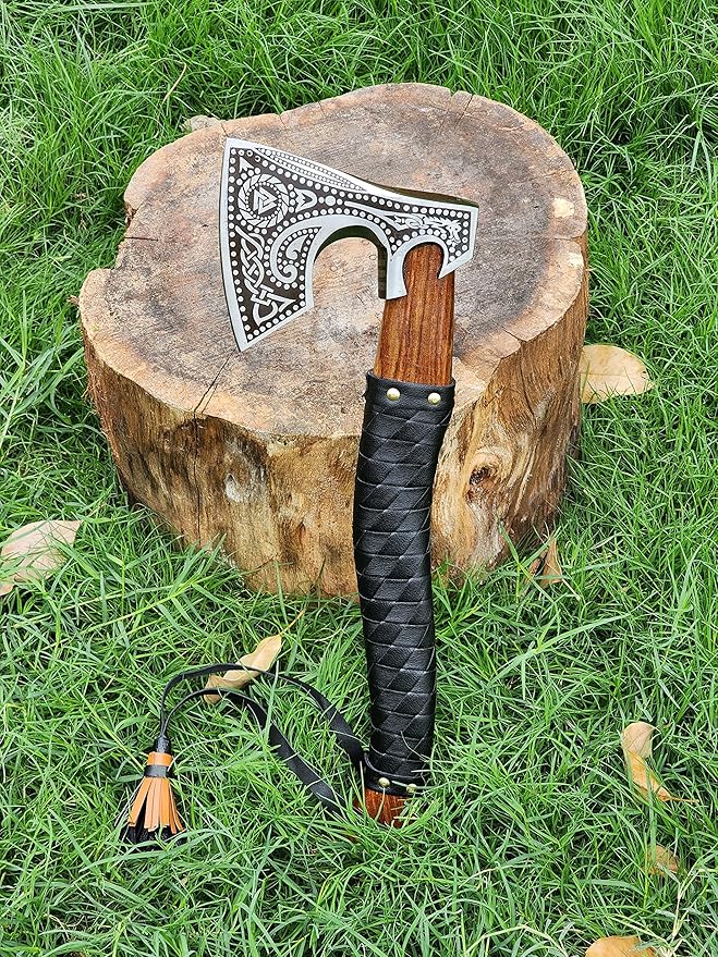Handmade Forged Stainless Steel Viking Axe, Hatchet with Leather Sheath, Throwing Axe, Camping Axe, Solid Wood Handle Multiple Designs (Axe CK-7)
