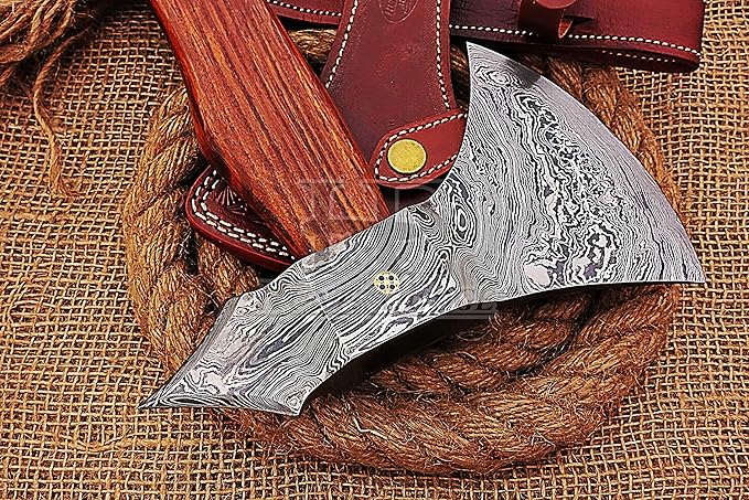 HUNTEX Custom Handmade Hand-Forged Twist Pattern Damascus Steel 18.5 Inch Long Walnut Wood Handle Razor Sharp Hunting Camping Wood Splitter Battle Bladed Axe with Genuine Leather Sheath