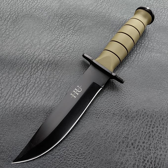 HU 5.5'' Fixed Blade Pocket Knife - Sharp Stainless Steel - Matte Black/Military Green- for Camping, Hiking, Survival, Unboxing package (Military Green)
