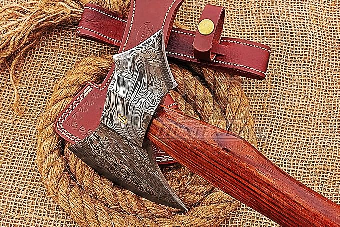 HUNTEX Custom Handmade Hand-Forged Twist Pattern Damascus Steel 18.5 Inch Long Walnut Wood Handle Razor Sharp Hunting Camping Wood Splitter Battle Bladed Axe with Genuine Leather Sheath
